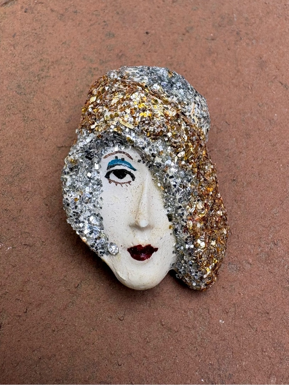 Vintage Glitter Accent Flapper Face Brooch in Gold and Silver
